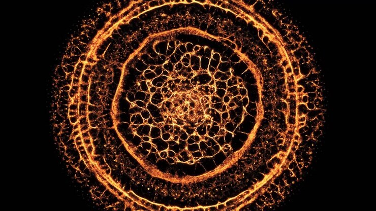 Onda d'urto di espansione di una rete neurale. Sfondo nero.