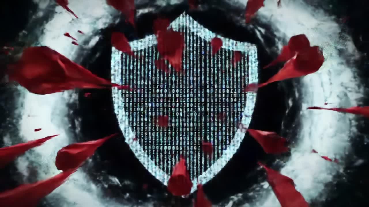 A Dynamic Visual Representation of Cybersecurity: Shield and Binary Code Surrounded by Red Shards Signifying Protection Against Digital Threats