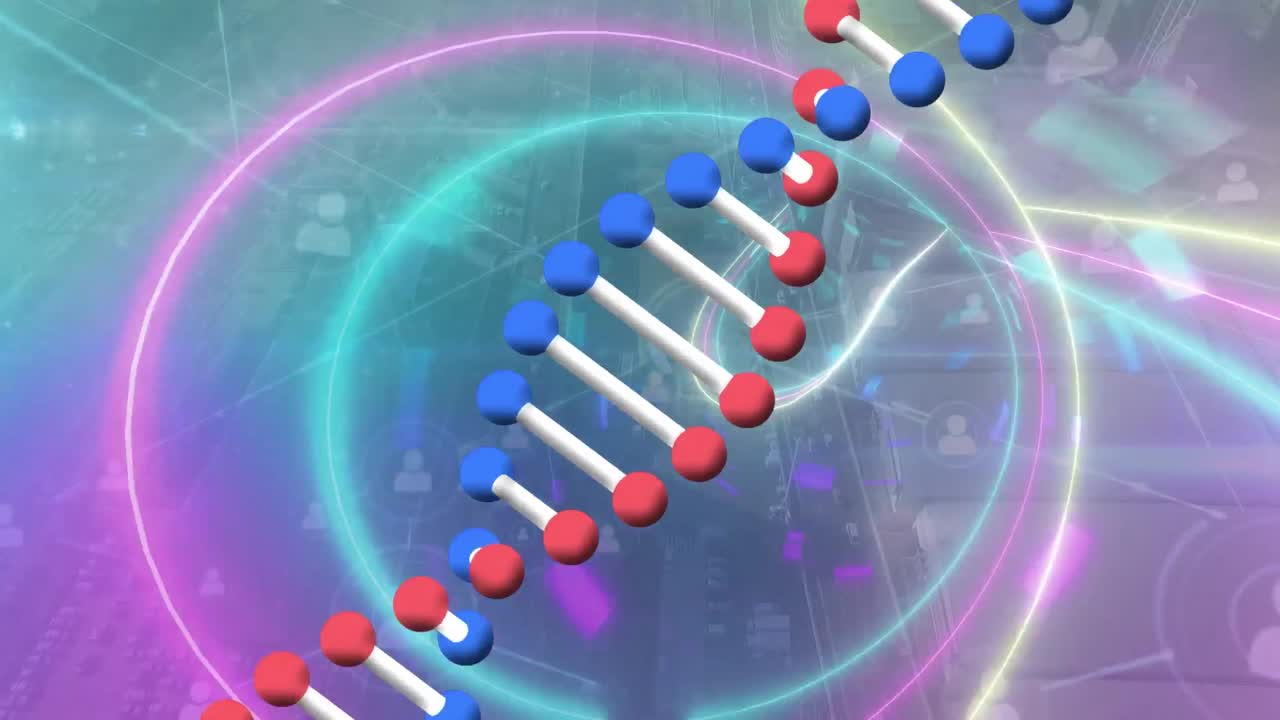 dna 가닥 위에 아이콘으로 연결된 네트워크의 애니메이션