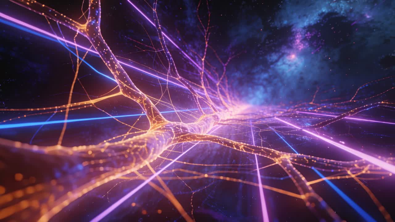 Telecamera che scivola in avanti, un filamento che si svolge e un flusso di particelle pulsante, rivelando una visualizzazione tecnologica.