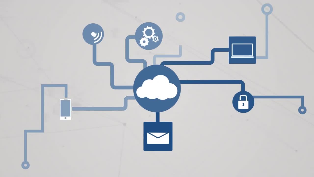Animation of network of connections with data processing on white background