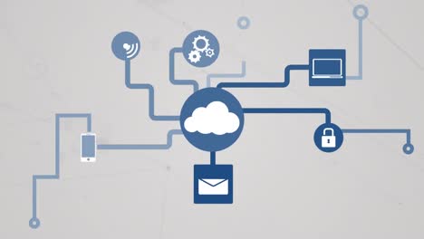 Animation of network of connections with data processing on white background