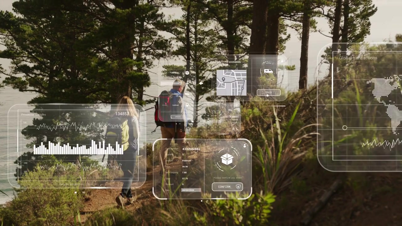 Couple hiking coast path, motion activating tech floating charts, map, calendar tracking route