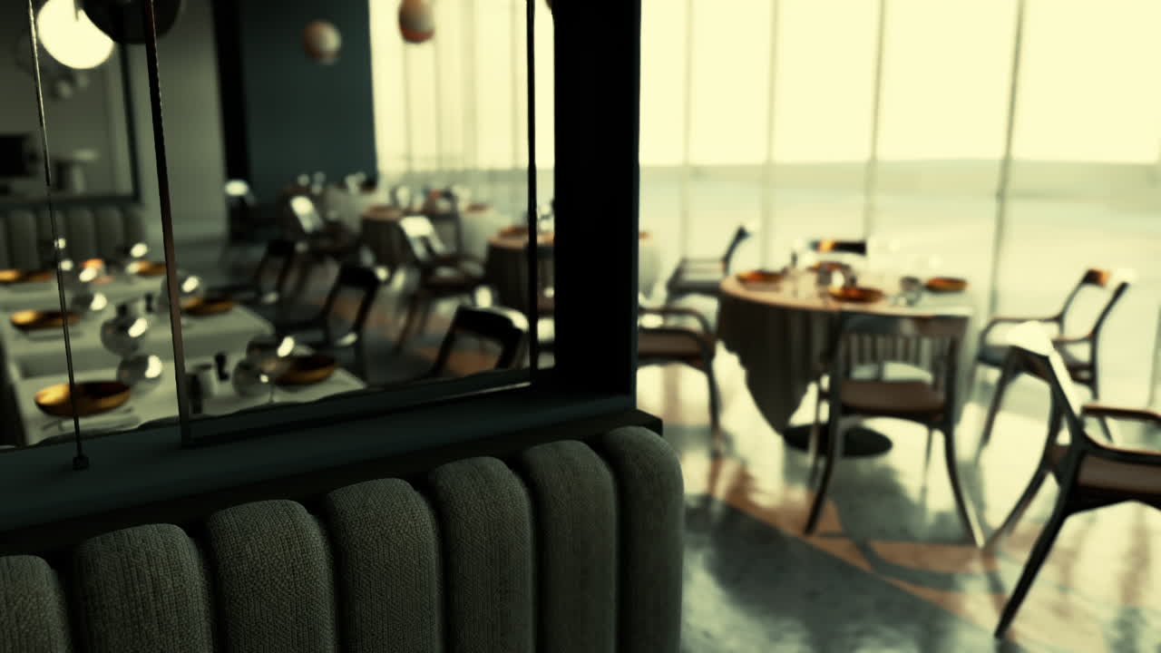 도시 전망을 가진 현대적인 레스토랑 인테리어