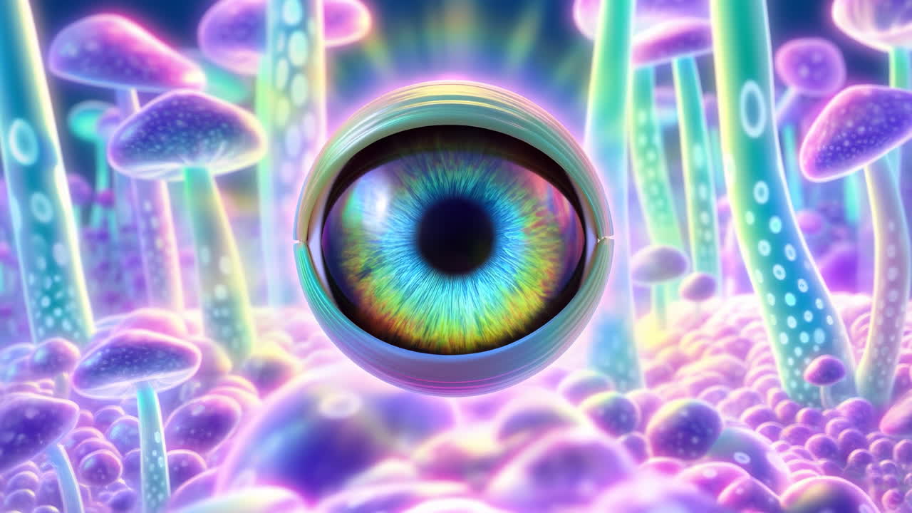 Bioluminescent Mushroom Grove With Orb That Unfurls To Reveal Iris And Pupil, Surreal Neon Colors, Dreamlike