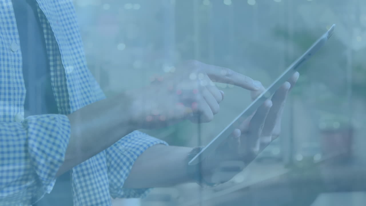 Animation of statistics and financial data processing over business people using tablet