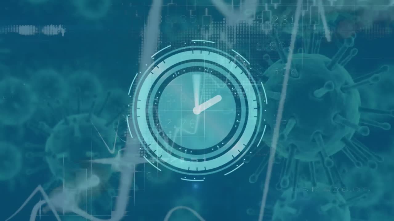 Digital clock icon and Statistical data processing against Covid-19 cells moving