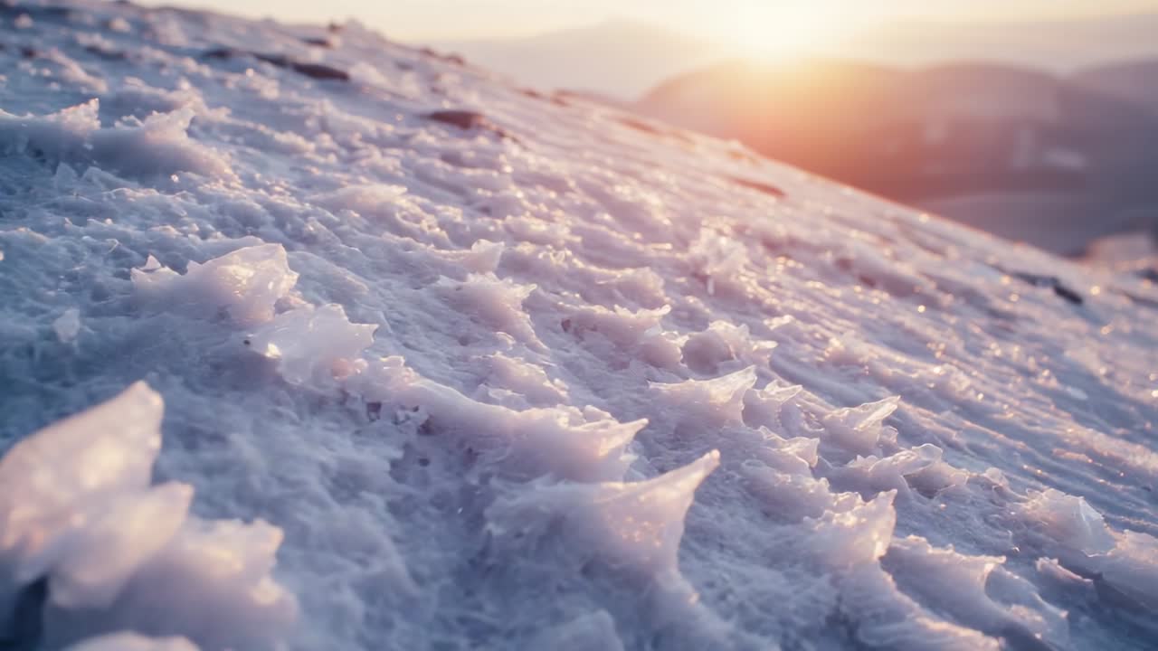 Panning camera starting slow diagonal shift across alpine slope at sunrise, revealing rime crystals