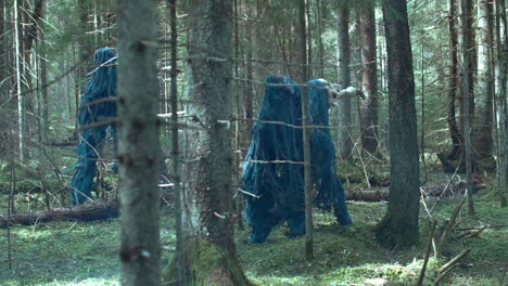 mysterious monsters with long legs running around forest. fantastic beasts