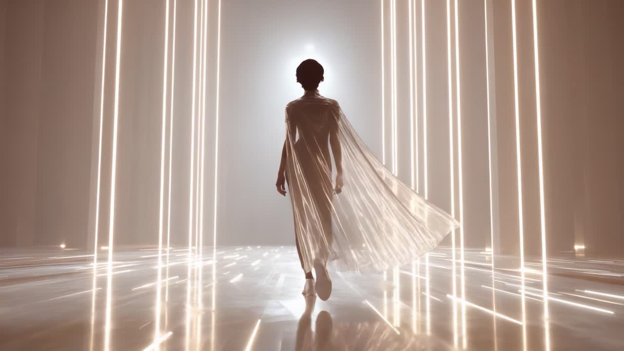Elegant woman in cape walking through a futuristic light display