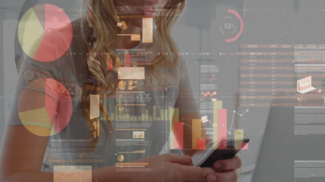 animación de estadísticas y procesamiento de datos sobre mujeres que usan teléfonos inteligentes