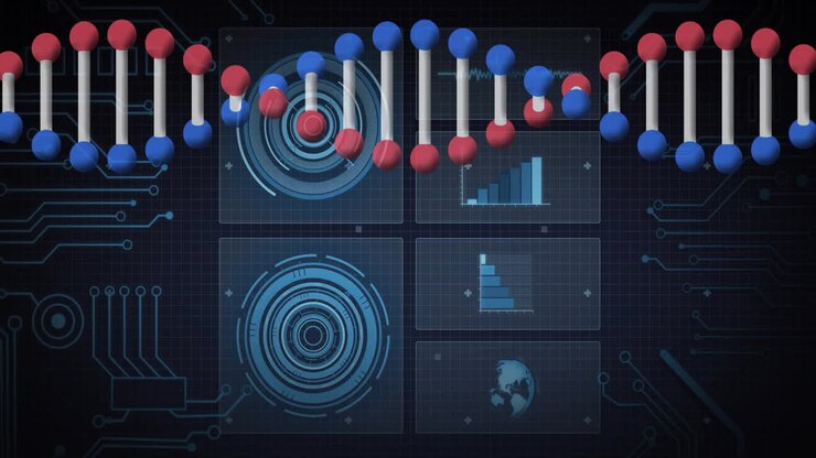 DNA strand with binary coding, processing scientific data in animation