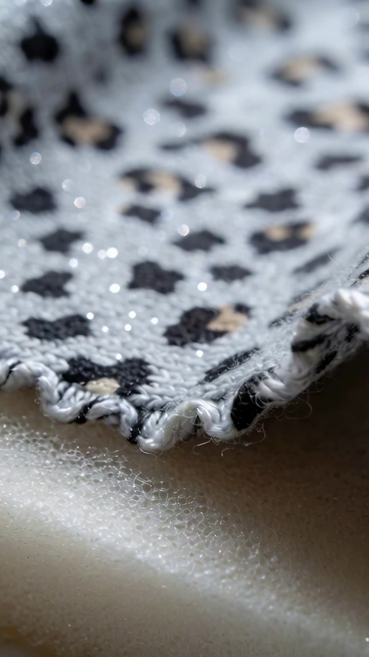 Vertical video: Shifting camera revealing knit looped edge with dark spots on foam, sparkly fibers