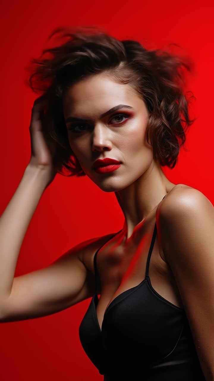 Fashionable woman with short messy hair and red lipstick posing against bright red background