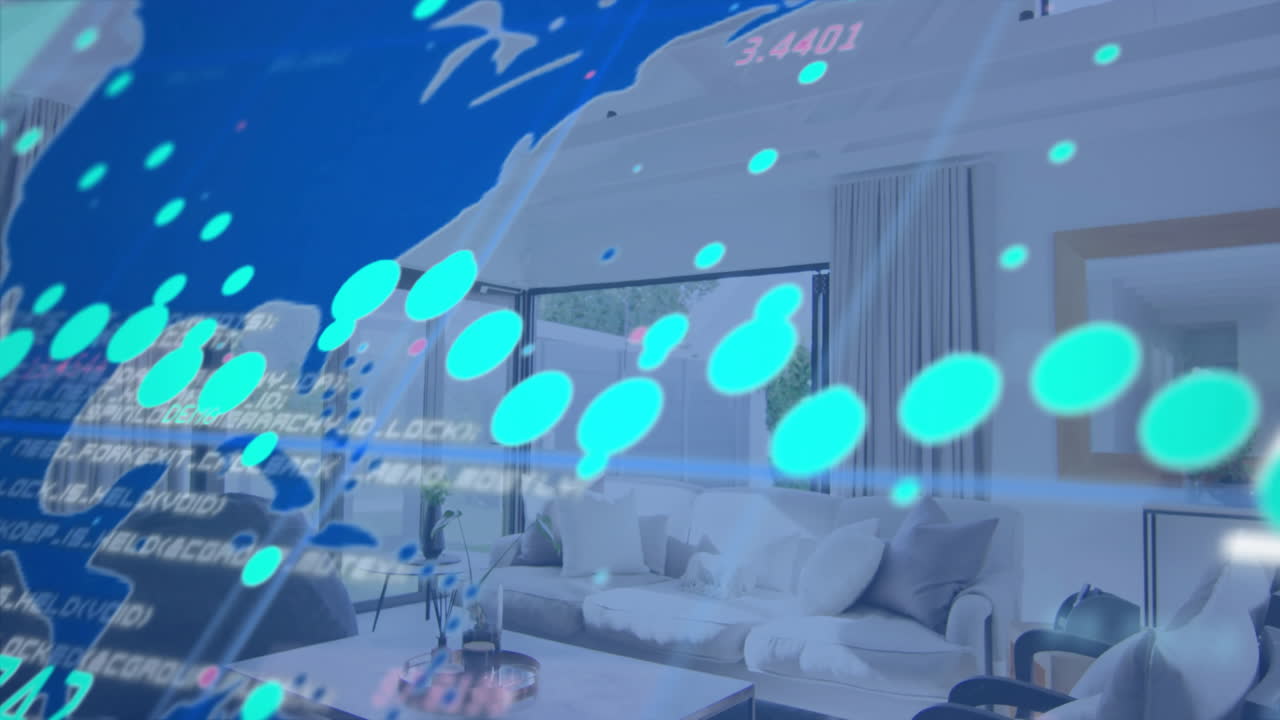 현대적인 거실 인테리어에 대한 금융 데이터 및 주식 시장 애니메이션