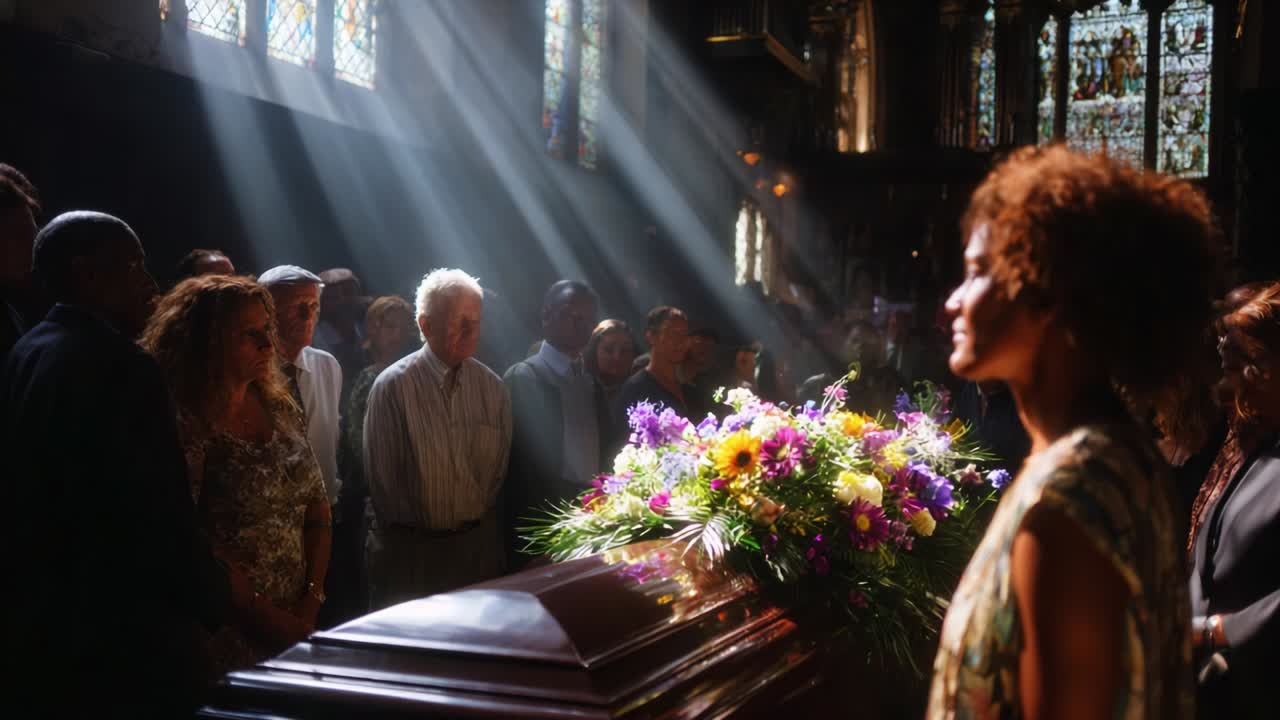 A solemn gathering to pay respects to a loved one, illuminated by rays of light filtering through stained glass windows, creating an atmosphere of reflection and remembrance in a heartfelt farewell