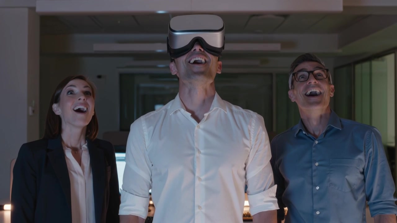 Testing VR, tester in white shirt with headset in office, sim starting, tilting up, peers smiling