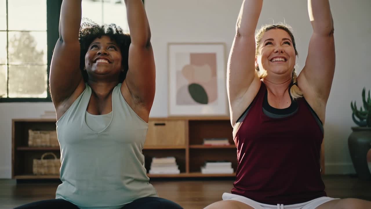 Due donne sedute su un tappeto si scambiano sorrisi, iniziando uno stretching sopra la testa da sedute per il fitness, controluce.