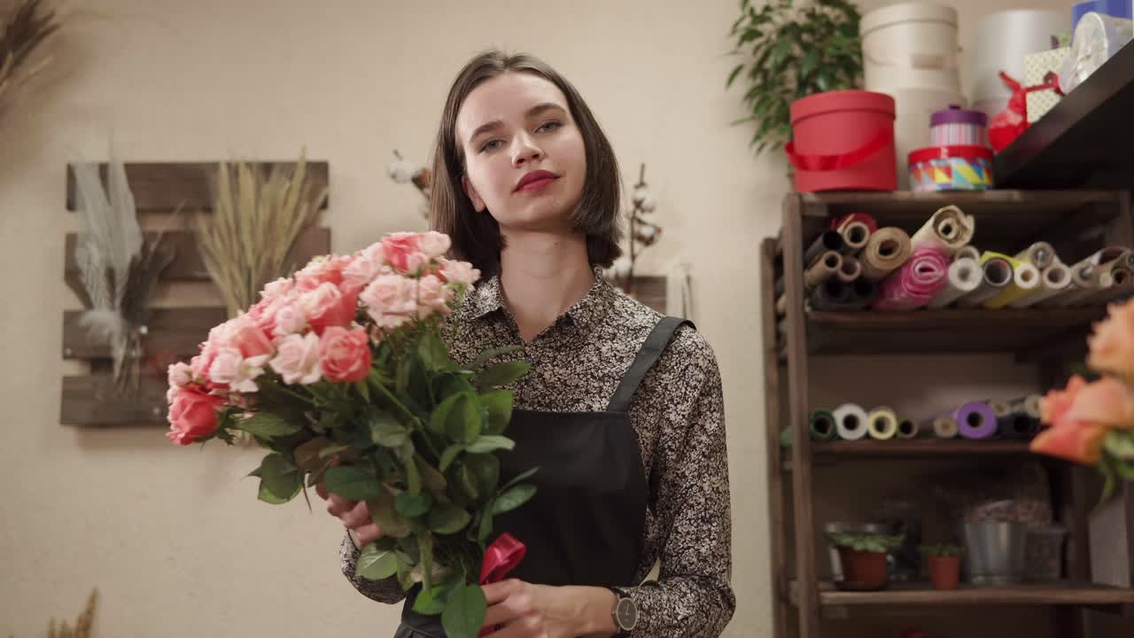 Fiorista che compone un bouquet di rose rosa