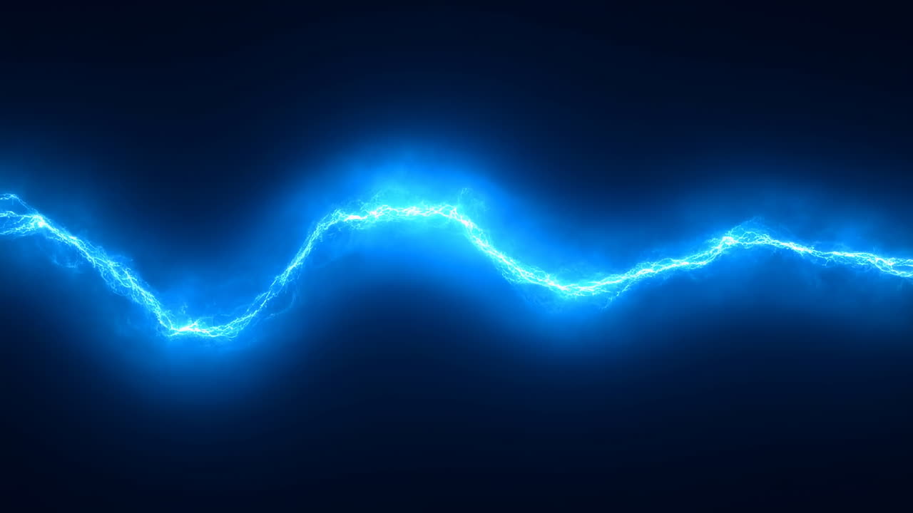 Neon Blue Lightning Arc Slicing Dark Space Electric Plasma Line Pulses Across Frame, Futuristic Tech Energy