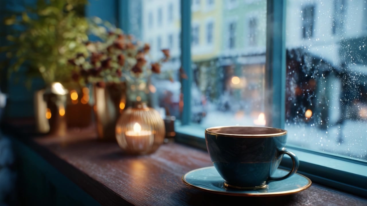 Scena accogliente di una tazza di caffè vicino alla finestra durante una giornata di pioggia, con illuminazione soffusa, piante e un'atmosfera rilassante per momenti di pace.