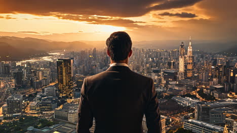 businessman overlooking kuala lumpur skyline at sunset