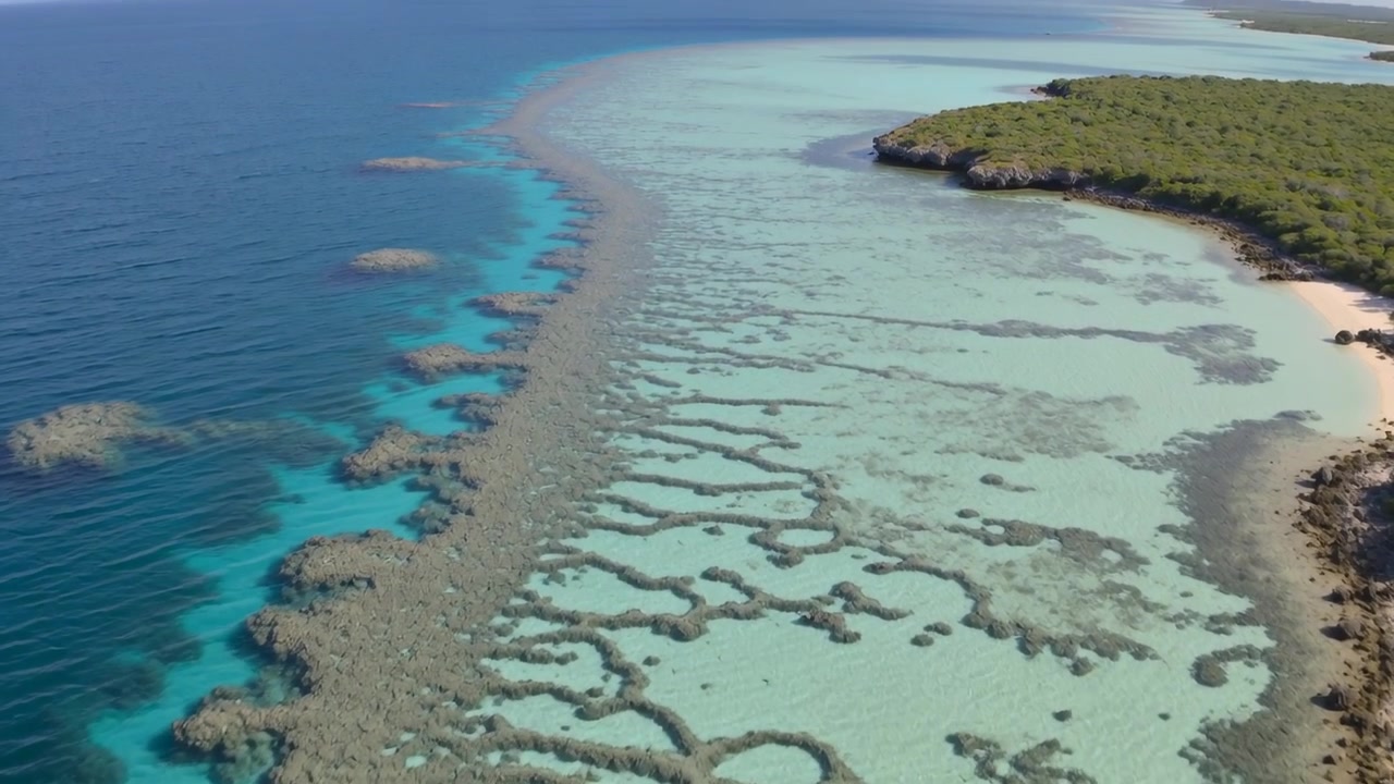 移動する空撮カメラが、リーフリッジと浅いラグーン、海岸線、そしてサンゴのチャネルを捉える。