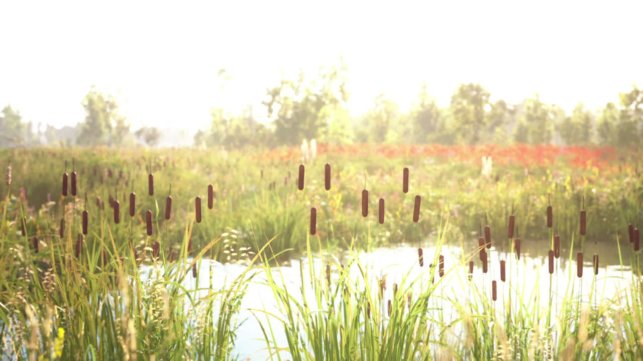 Sunlit wetland with cattails and vibrant wildflowers in early summer