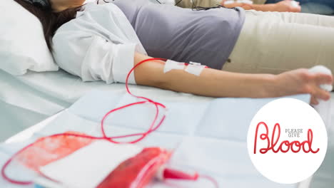 animation of please give blood text, over female donor lying down and giving blood