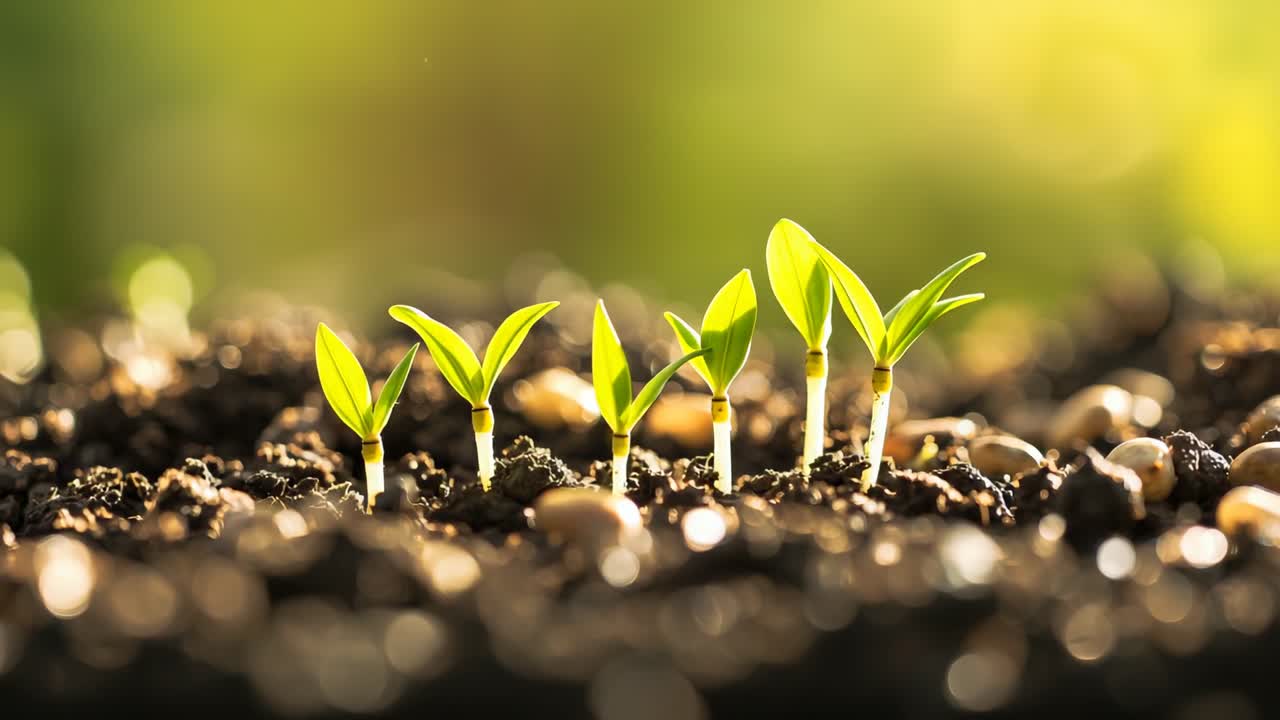 Growing five seedlings pushing upward in greenhouse soil among small white pebbles, seeking light