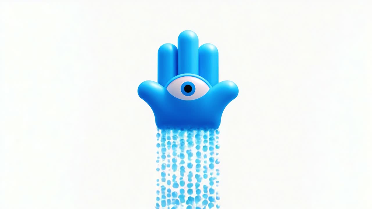 A vibrant and captivating animated representation of a blue hand with an eye, symbolizing watchfulness and creativity, creating an engaging visual narrative in two cinematic frames