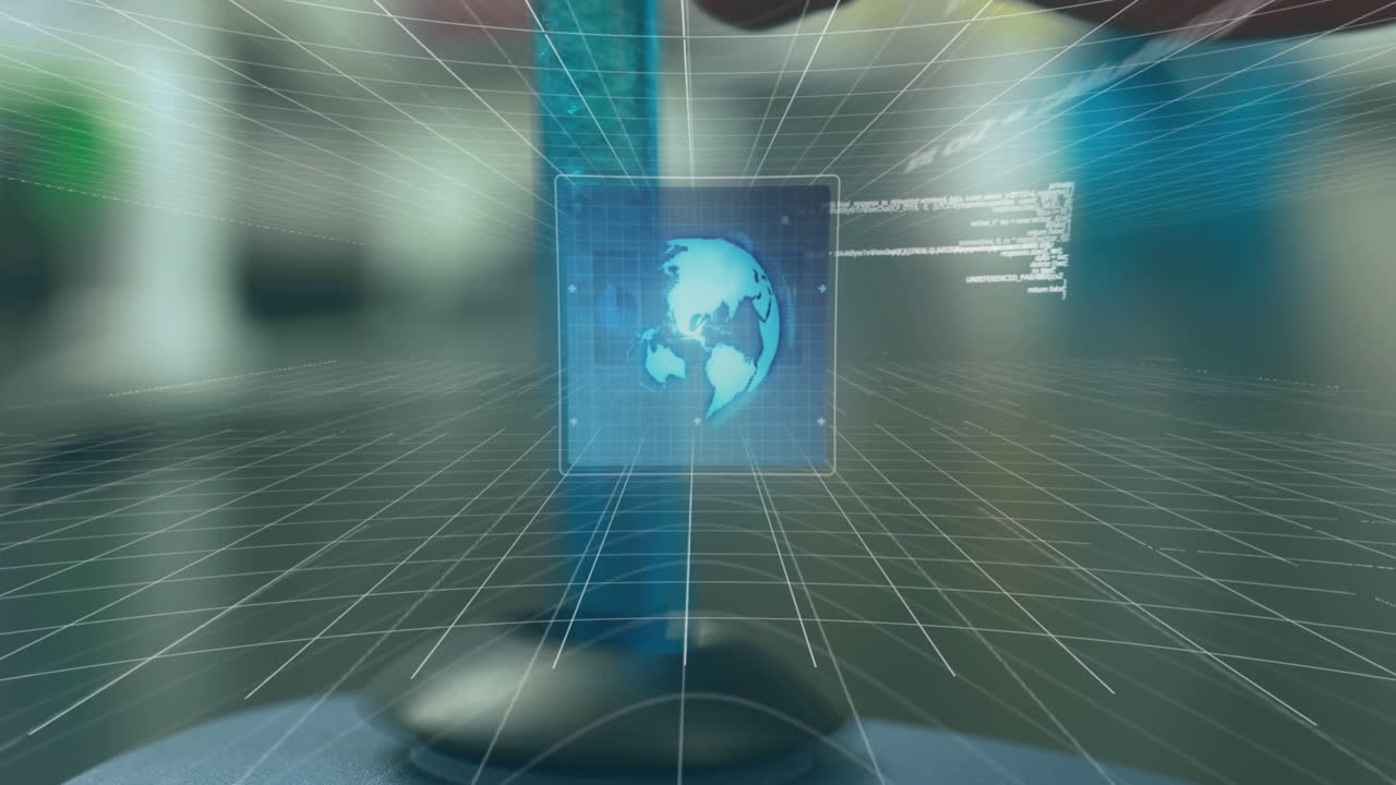 animación del procesamiento de datos y el mundo sobre el científico caucásico con tubo de ensayo