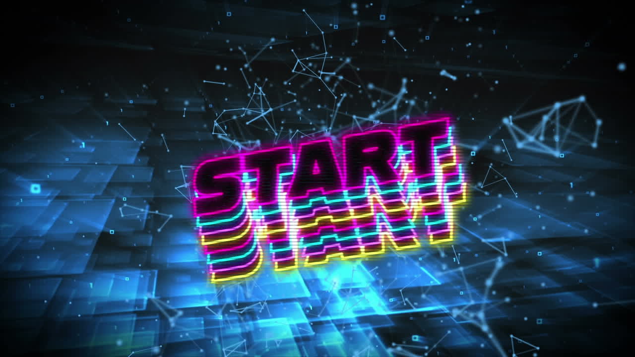 Animation of start text in neon letters in repetition over blue screens
