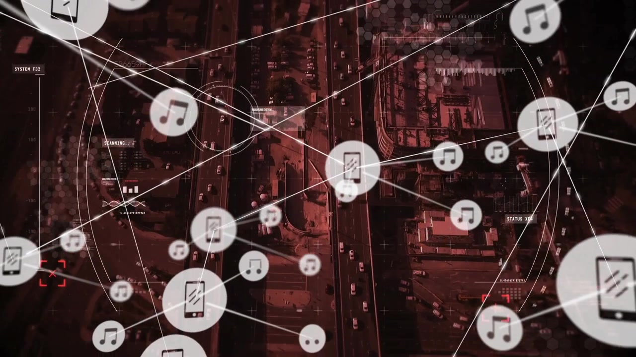 Central phone node emitting pulse, spawning nodes, linking lines, mapping city network to monitor