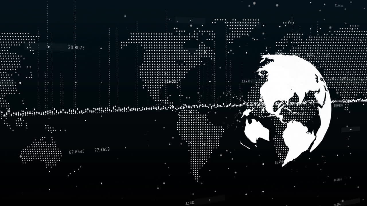 Animation of financial data processing over globe and world map