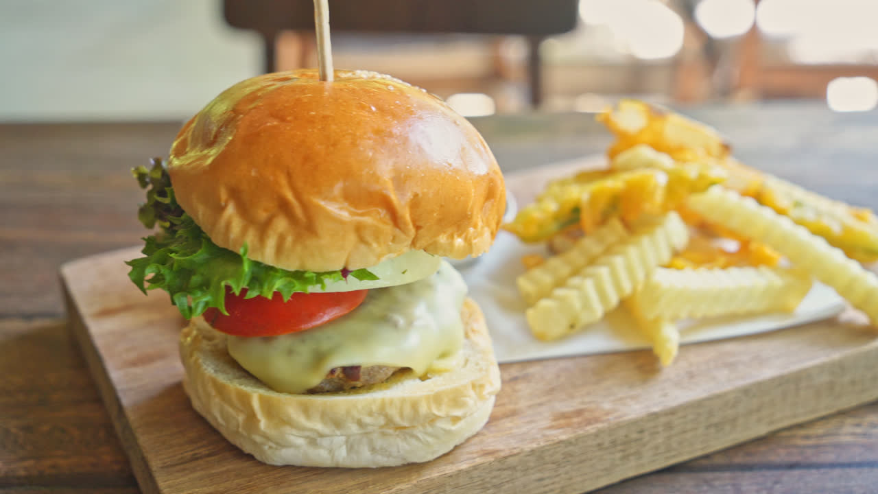 Hamburguesa de ternera con queso y patatas fritas en bandeja de madera