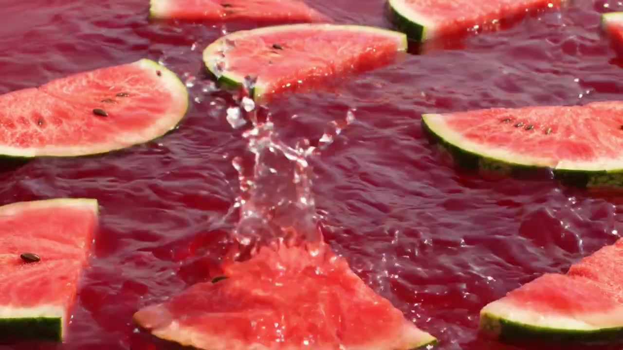Angurie vivaci che galleggiano in una piscina lucida di liquido rosso: una rinfrescante delizia estiva che mostra frutta succosa e colori accattivanti.