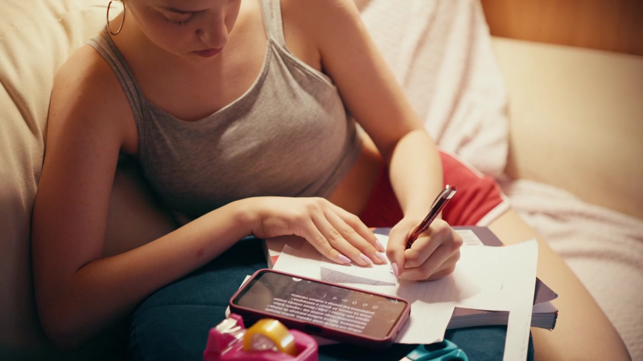 Primo piano di una studentessa di scuola superiore concentrata che crea appunti segreti e bigliettini dal suo smartphone per copiare a un futuro esame, usando forbici e nastro adesivo su un divano.