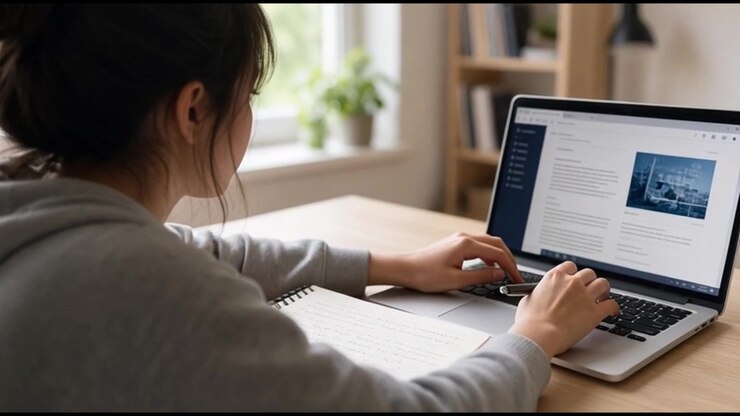 Young Woman Studying and Working on Laptop at Home