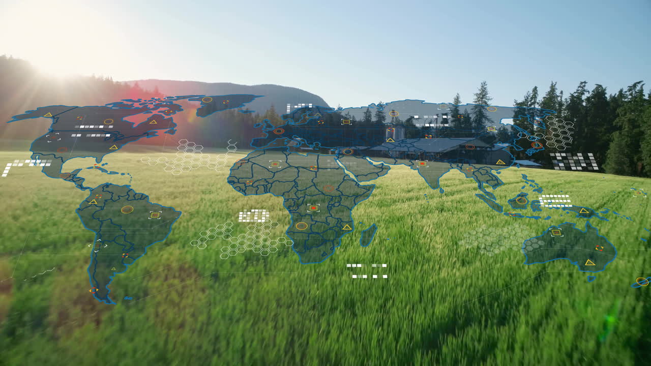 3D digital world map overlay floating over sunlit meadow, showing data icons and hex grid patterns