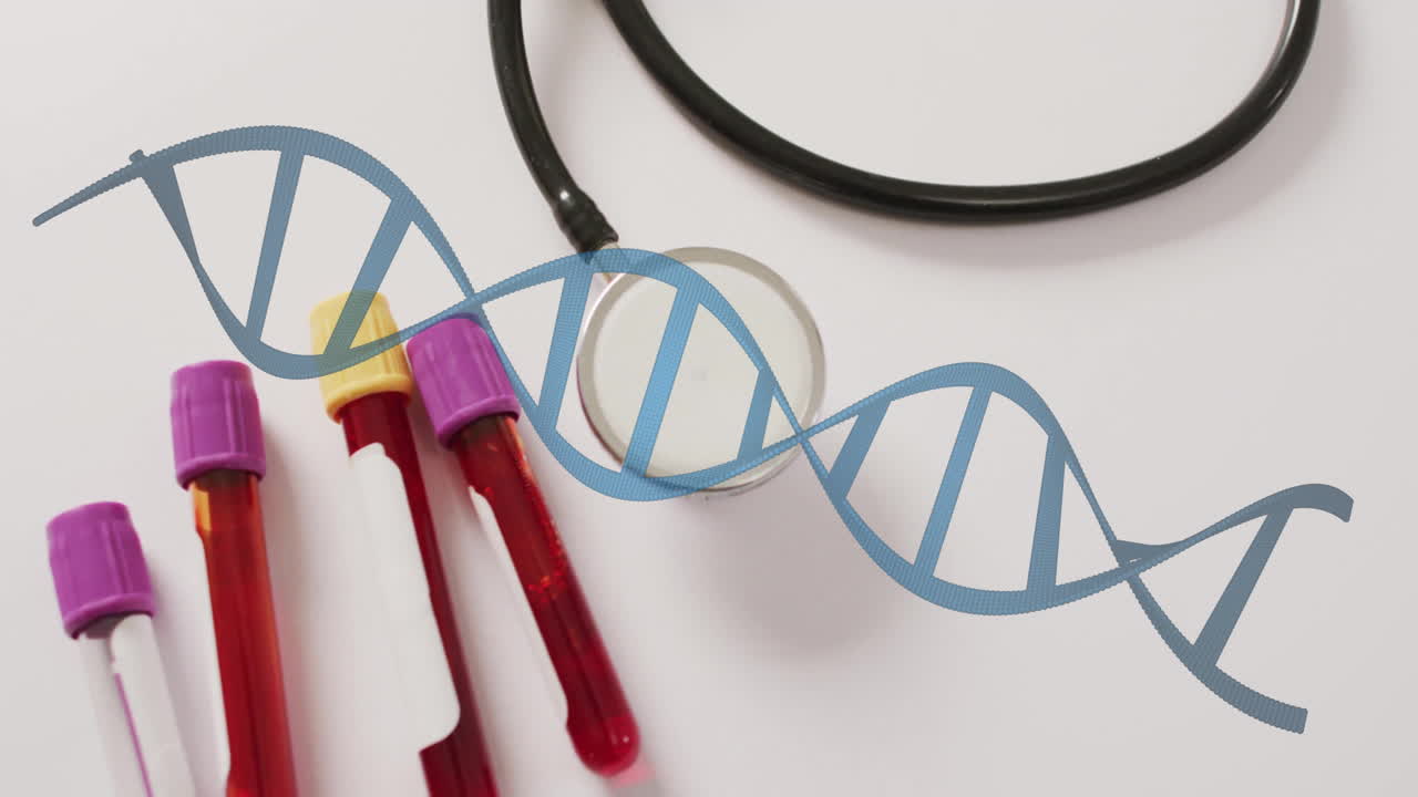Animation of dna strand over vials and stethoscope on white background