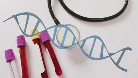 animation of dna strand over vials and stethoscope on white background