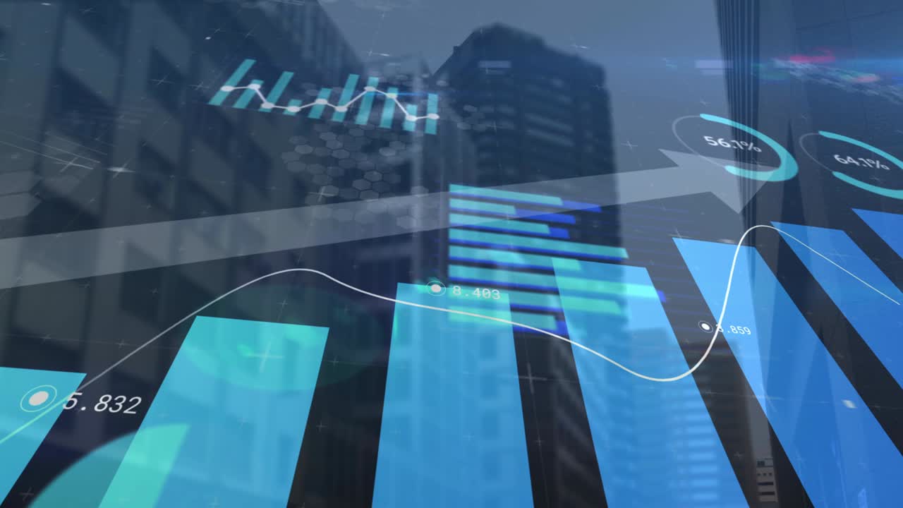 금융 데이터 및 통계 처리의 애니메이션 도시 배경 위에 화살표와 함께