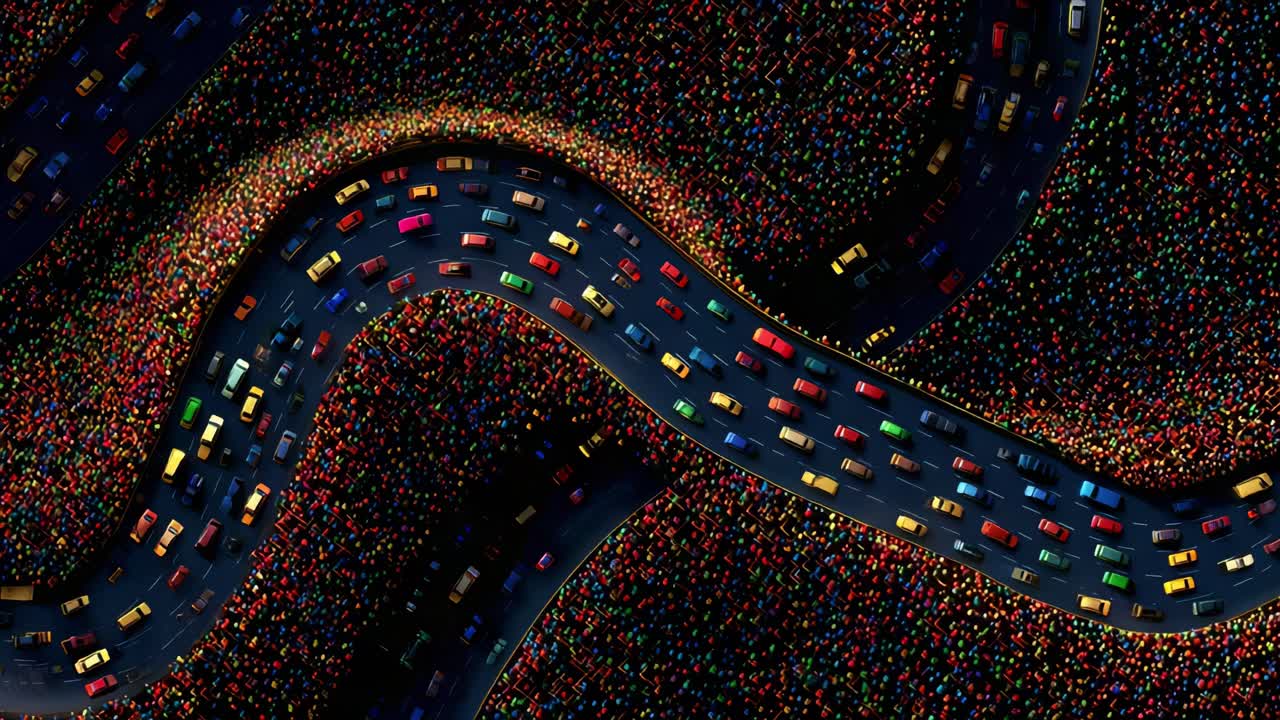 Aerial View of a Busy Road Curving Through a Colorful Crowd at Night – Capturing the Hustle and Bustle of Urban Traffic Amidst Vibrant Ambient Lights and Cars in Motion