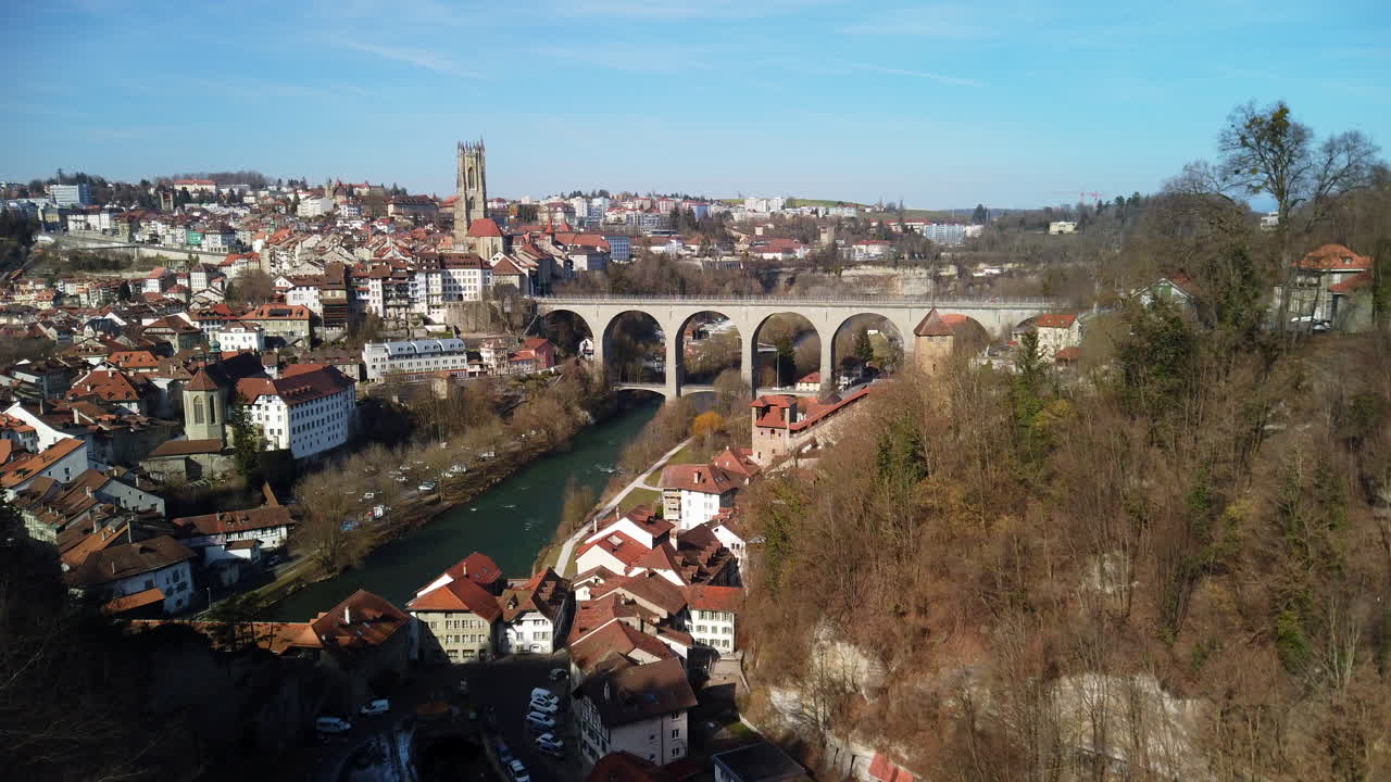 The beautiful Swiss small town Fribourg on a warm spring day