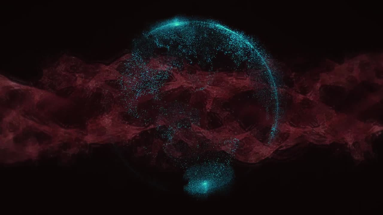 Digital animation of red digital wave over globe spinning against black background