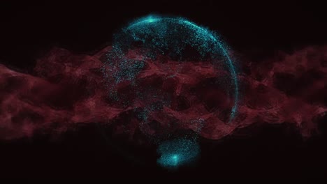 digital animation of red digital wave over globe spinning against black background
