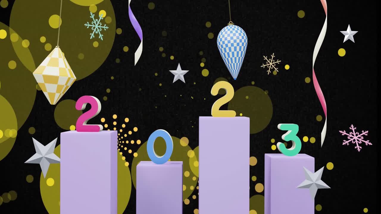 animación del texto de 2023 y decoraciones navideñas en el fondo