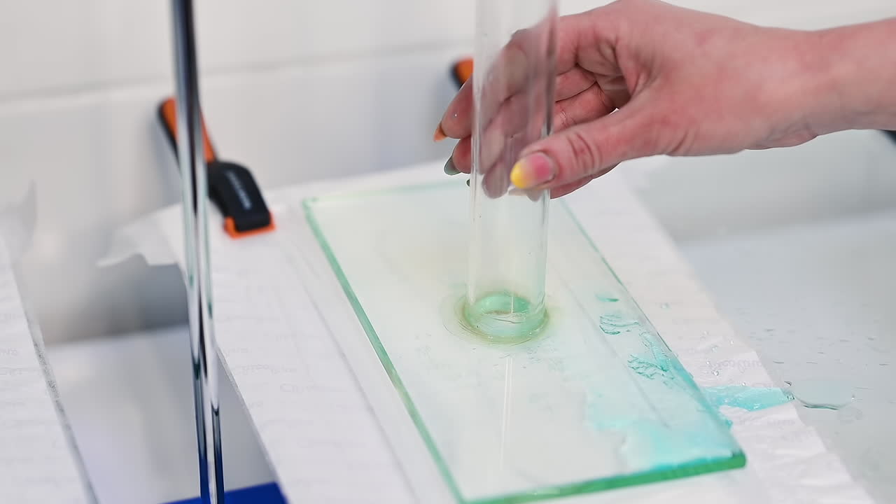Water is poured by the glass tube onto the diaper material. The hand of the researcher corrects the position of the glass tube. Examination of fabrics for diapers and their absorption ability.