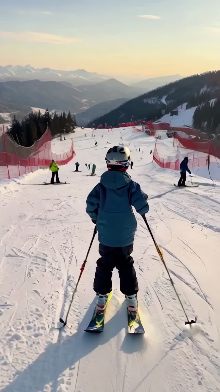 child skiing, enjoying the winter vacations in the mountains.